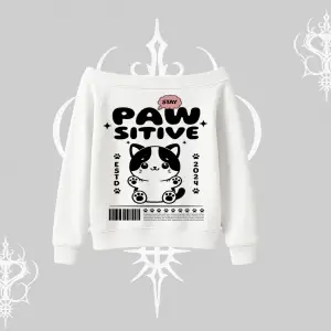Paw Sitive Kedi Arka Baskılı Kayık Yaka Sweatshirt