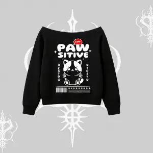 Paw Sitive Kedi Arka Baskılı Kayık Yaka Sweatshirt