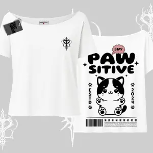 Paw Sitive Kedi Arka Baskılı Kayık Yaka Tshirt