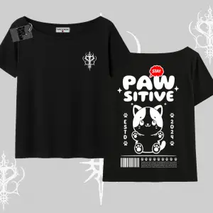 Paw Sitive Kedi Arka Baskılı Kayık Yaka Tshirt