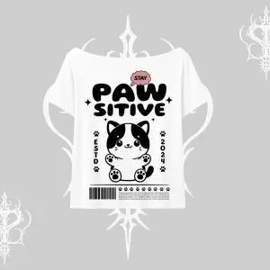 Paw Sitive Kedi Arka Baskılı Kayık Yaka Tshirt