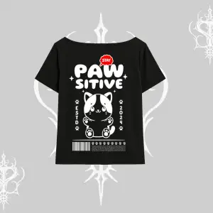 Paw Sitive Kedi Arka Baskılı Kayık Yaka Tshirt