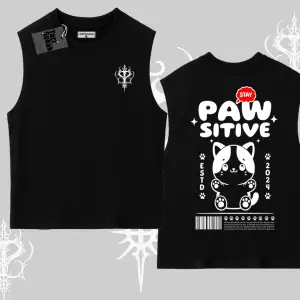 Paw Sitive Kedi Arka Baskılı Kolsuz Tshirt