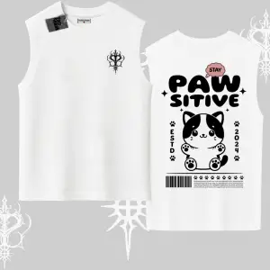 Paw Sitive Kedi Arka Baskılı Kolsuz Tshirt