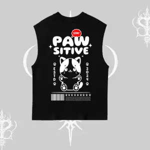 Paw Sitive Kedi Arka Baskılı Kolsuz Tshirt