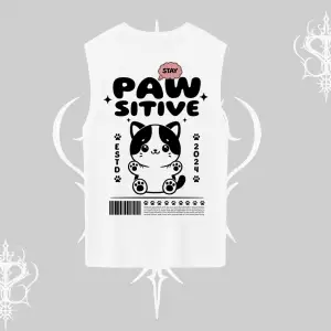 Paw Sitive Kedi Arka Baskılı Kolsuz Tshirt