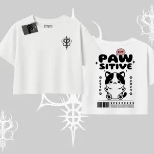 Paw Sitive Kedi Arka Baskılı Oversize Crop Tshirt