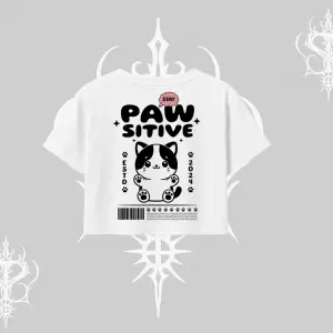 Paw Sitive Kedi Arka Baskılı Oversize Crop Tshirt