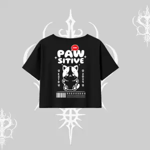 Paw Sitive Kedi Arka Baskılı Oversize Crop Tshirt