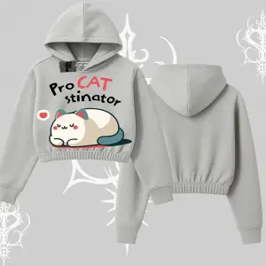 Paws Off Yazılı Kedi Baskılı Streetwear Kapşonlu Crop Sweatshirt