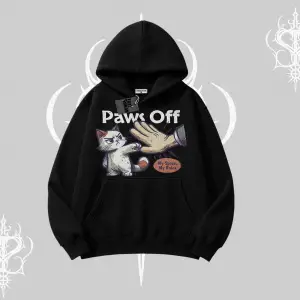 Paws Off Yazılı Kedi Baskılı Streetwear Kapşonlu Sweatshirt