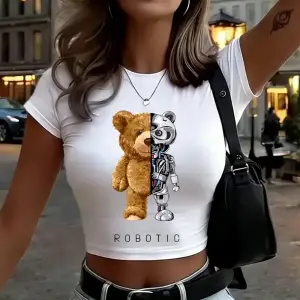 Peluş ve robotik ayı baskılar kadın kısa tişörtler yaz o-boyun ince üstler yüksek elastik kıs