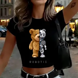 Peluş ve robotik ayı baskılar kadın kısa tişörtler yaz o-boyun ince üstler yüksek elastik kıs