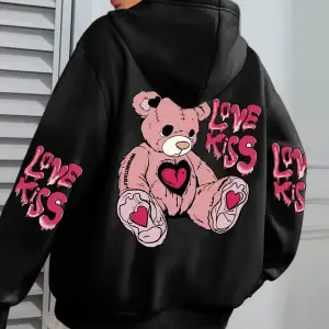 Pembe Aşk Öpücük Sanatı Harfli Baskılı Kadınlar İçin Cepli Sonbahar Kapüşonlu Sweatshirt Pola