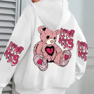 Pembe Aşk Öpücük Sanatı Harfli Baskılı Kadınlar İçin Cepli Sonbahar Kapüşonlu Sweatshirt Pola