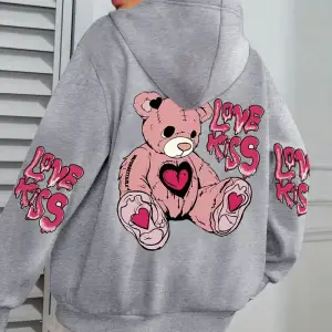 Pembe Aşk Öpücük Sanatı Harfli Baskılı Kadınlar İçin Cepli Sonbahar Kapüşonlu Sweatshirt Pola