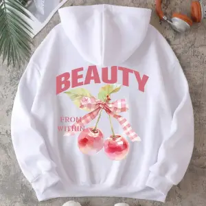 Pembe Kiraz Kapüşonlular Bayan Yaylatmak Güzellik Yay Baskı Streetweet Polar Sıcak Cep Gevşek