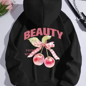 Pembe Kiraz Kapüşonlular Bayan Yaylatmak Güzellik Yay Baskı Streetweet Polar Sıcak Cep Gevşek