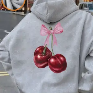 Pembe Yay Kırmızı Kiraz Baskı Kapüşonlular Kadın Rahat Gevşek Tişörtü Kış Polar Sıcak Kazak T