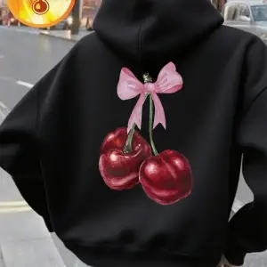 Pembe Yay Kırmızı Kiraz Baskı Kapüşonlular Kadın Rahat Gevşek Tişörtü Kış Polar Sıcak Kazak T