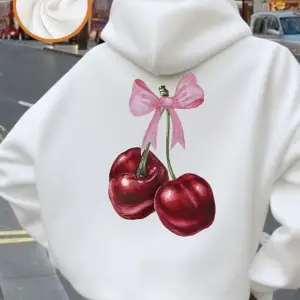 Pembe Yay Kırmızı Kiraz Baskı Kapüşonlular Kadın Rahat Gevşek Tişörtü Kış Polar Sıcak Kazak T