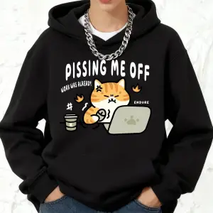 Pissing Me Off Kedi Baskılı Pamuklu Kapüşonlu Üstler Kadın Sporcu Bol Sweatshirtler Kışlık Po