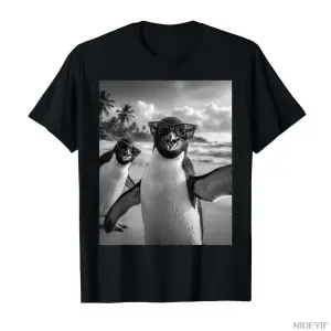 Plajda Havalı Penguen Selfie, Erkekler Kadınlar İçin Sevimli Tişört %100 Pamuklu Tişörtler Kı