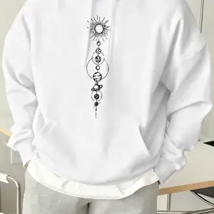 Planet Basitleştirilmiş Diyagram Baskılı Erkek Polar Kapüşonlu Cepli Rahat Sokak Giysisi Soka