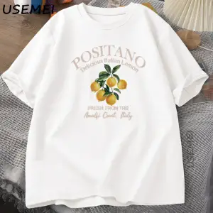 Positano Limon T-shirt İtalyan Limon Baskılı Pamuklu kısa kollu tişört Tees Büyük Boy Üstleri 2943