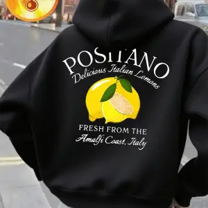 Positano Taze Limon Baskı Kapüşonlular Kadın Kış Polar Sıcak Kazaklar Temel Cep Tişörtü Rahat