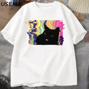 Psychedelic Kedi T Shirt Erkekler Kadınlar için Vaporwave Estetik T-shirt Harajuku Punk Tshir 3015