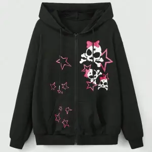 Puls Tatlı Pembe Yıldız Kafatasları Baskılı Fermuarlı Kapüşonlu Üst Kadın Rahat Sıcak Polar G