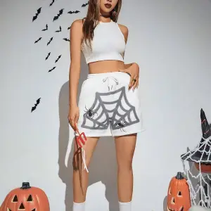 PUNK Halloween Spider Web Print Drawstring Waist Şort