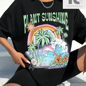 Qutie Tropikal ve Harf Grafikli Düşük Omuz Oversize Tişört