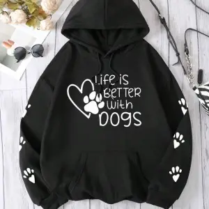 Rahat Kadın Kapüşonlular Hayat Köpekler Baskılı Tişörtü Rahat Bisiklet Yaka Kazak Gevşek Pola