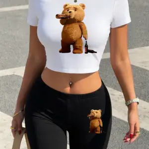 Rahat Melankolik Ayı Baskılı Babby Teelar Şortlar Kadın İki Parçalı Set Tişörtler Yumuşak İnce