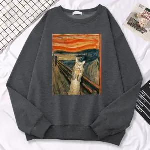 Rahat sokak kadın kazak yağlıboya CatS catbaskı Hoody rahat polar kazak gevşek sıcak kadın s