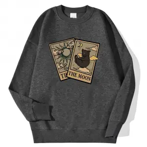 Rahat Vintage Kadın Tişörtü Tarot Ayı ve Ay Baskılı Kapüşonlular Polar Sıcak Kazak Sokak Crew