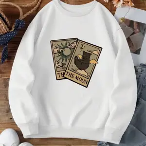 Rahat Vintage Kadın Tişörtü Tarot Ayı ve Ay Baskılı Kapüşonlular Polar Sıcak Kazak Sokak Crew