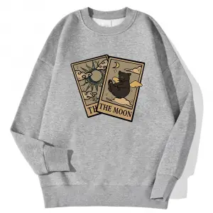 Rahat Vintage Kadın Tişörtü Tarot Ayı ve Ay Baskılı Kapüşonlular Polar Sıcak Kazak Sokak Crew