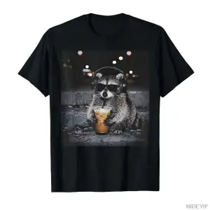Rakun Buzlu Kahve İçiyor Komik Hayvan Meme T-shirt Erkekler Kadınlar Için % 100% Pamuk T Shir