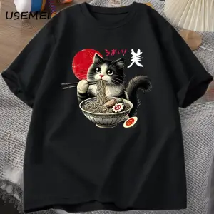 Ramen Kedi T-Shirt Erkek Kadın Japon Foodie Tee Komik Kedi Şehriye T-Shirt Komik Kitty Ramen 3010