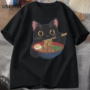 Ramen Kedi Tshirt Japon Tarzı Kedi Sevgilisi T-Shirt Kawaii Karikatür Pamuk Kısa Kollu T Shir 2863
