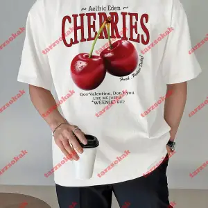 Red Cherries Baskılı Oversize Unisex Tshirt Beyaz