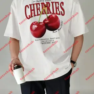 Red Cherries Baskılı Oversize Unisex Tshirt Beyaz