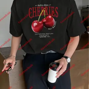 Red Cherries Baskılı Oversize Unisex Tshirt Beyaz