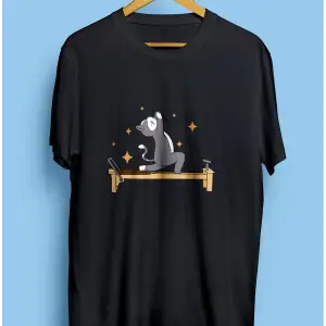 Reformer Pilates Spor Sporcu Çalışkan Kedi Tasarım Baskılı Unisex Tişört