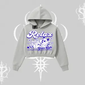 Relax Kedi Baskılı Kapşonlu Crop Sweatshirt