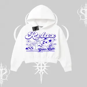 Relax Kedi Baskılı Kapşonlu Crop Sweatshirt