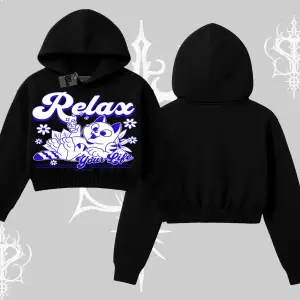 Relax Kedi Baskılı Kapşonlu Crop Sweatshirt